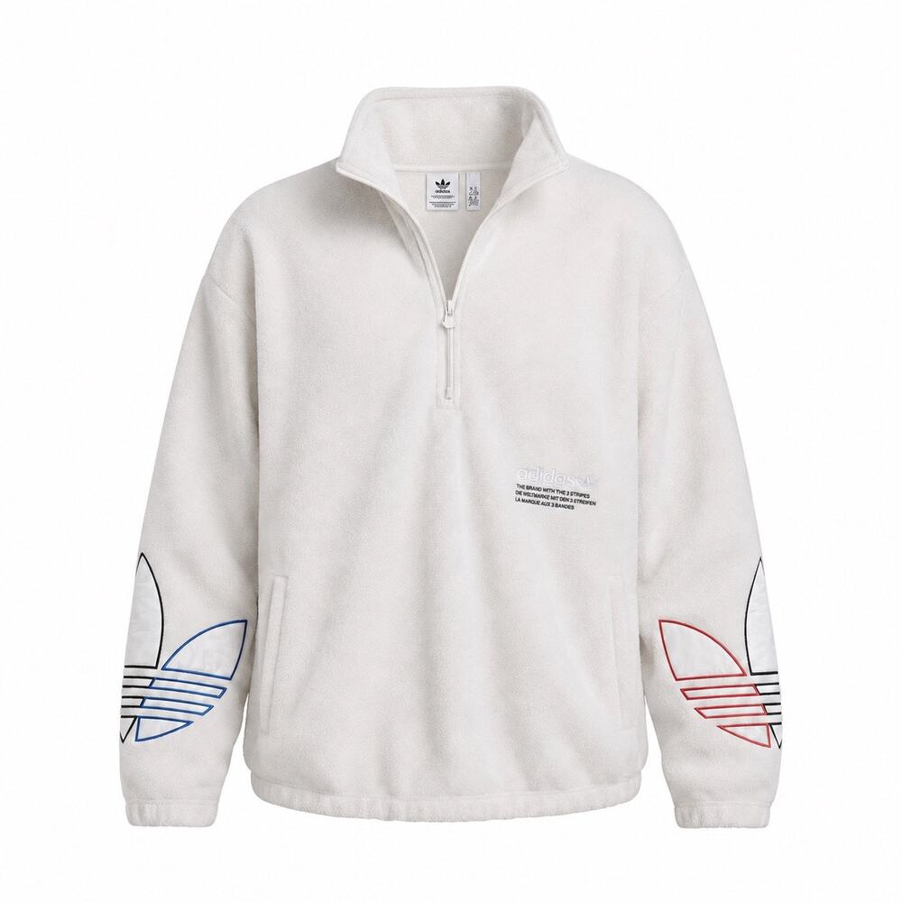 Adidas Originals Primeblue Fleece Pullover XL White 1/4 Zip Trefoil Sleeve Logo
